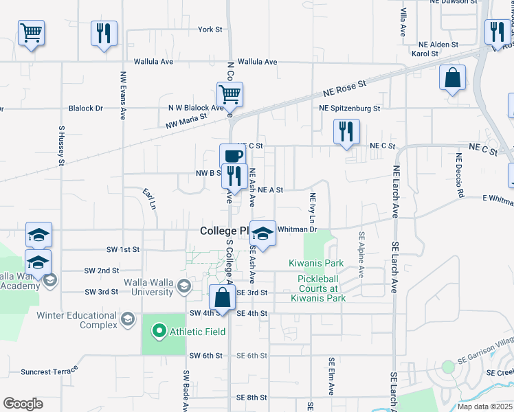map of restaurants, bars, coffee shops, grocery stores, and more near 36 Northeast Ash Avenue in College Place