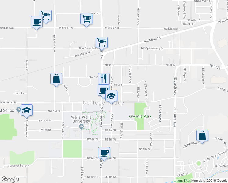 map of restaurants, bars, coffee shops, grocery stores, and more near 15 Northeast Ash Avenue in College Place