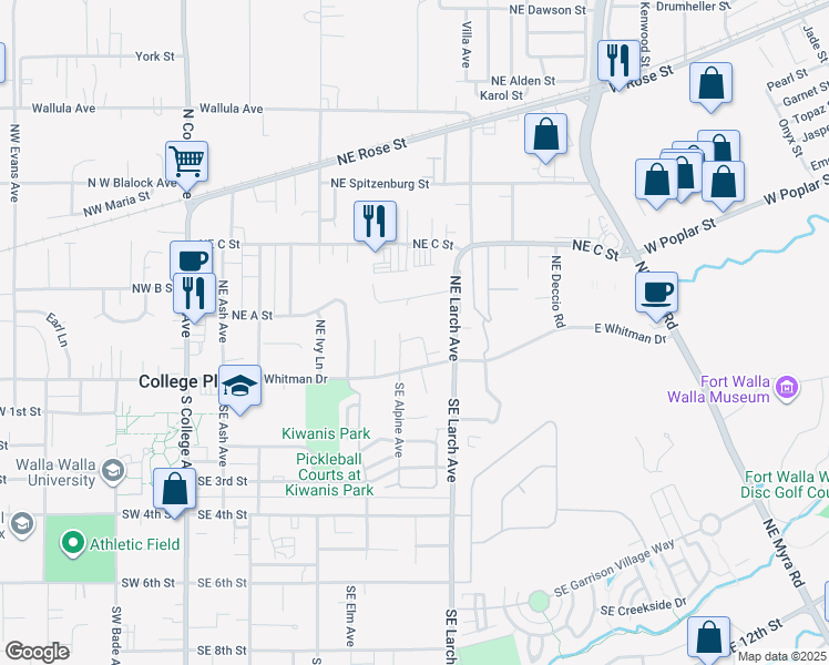 map of restaurants, bars, coffee shops, grocery stores, and more near 72 Northeast Hadley Way in Walla Walla