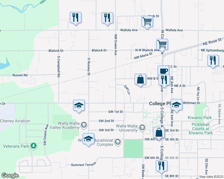 map of restaurants, bars, coffee shops, grocery stores, and more near 16 Northwest Evans Avenue in College Place