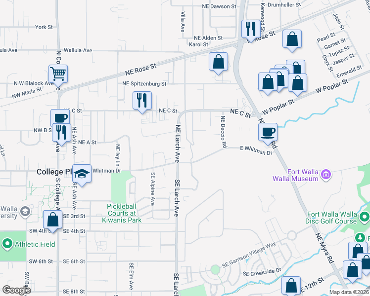 map of restaurants, bars, coffee shops, grocery stores, and more near Northeast Bunky Lane in College Place