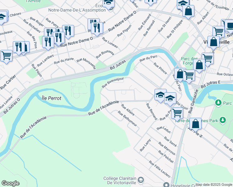map of restaurants, bars, coffee shops, grocery stores, and more near 5 Rue Ricard in Victoriaville