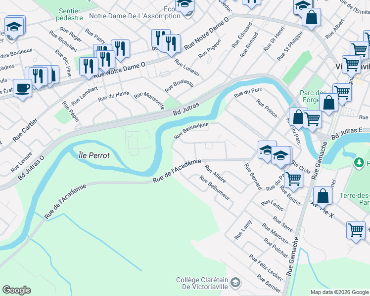 map of restaurants, bars, coffee shops, grocery stores, and more near 58 Rue Bérubé in Victoriaville