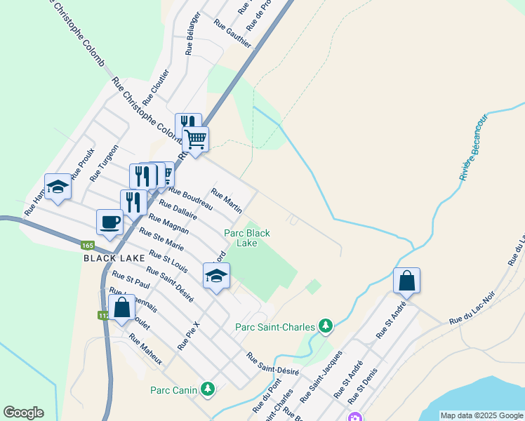 map of restaurants, bars, coffee shops, grocery stores, and more near 627 Rue Martin in Thetford Mines