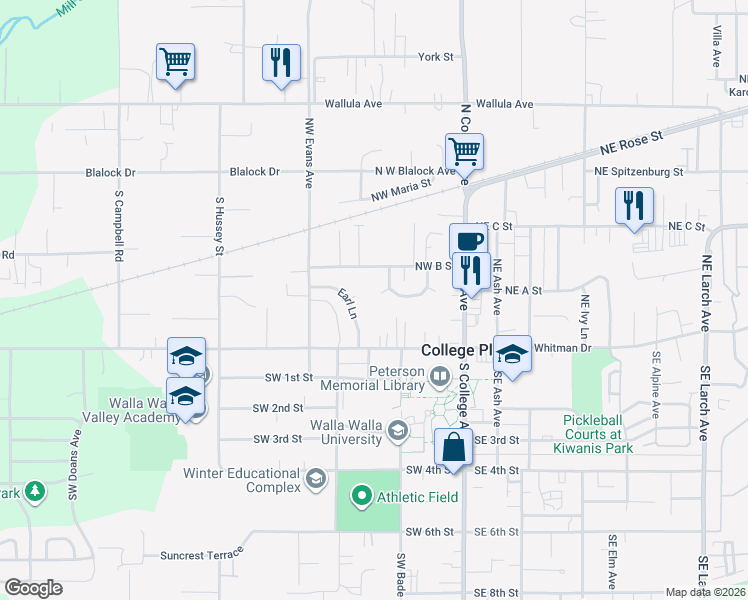 map of restaurants, bars, coffee shops, grocery stores, and more near 163 Northwest Destito Court in College Place