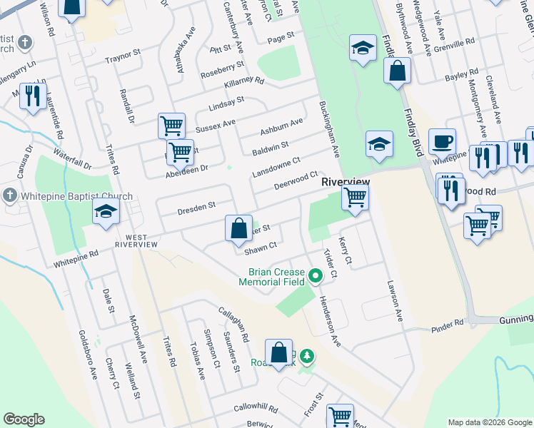 map of restaurants, bars, coffee shops, grocery stores, and more near 33 Deerwood Court in Riverview