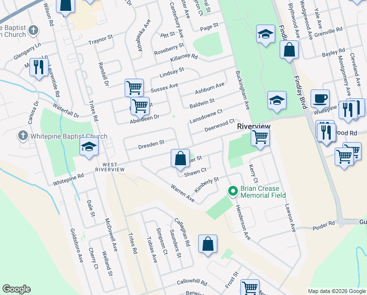 map of restaurants, bars, coffee shops, grocery stores, and more near 8 Lansdowne Court in Riverview