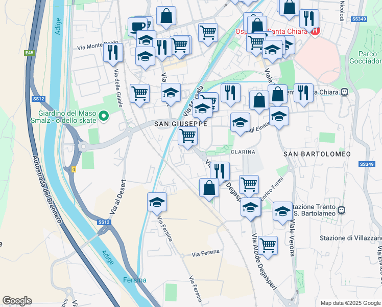 map of restaurants, bars, coffee shops, grocery stores, and more near 14 Via Alcide Degasperi in Trento
