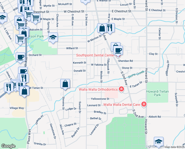 map of restaurants, bars, coffee shops, grocery stores, and more near 1340 Umatilla Street in Walla Walla