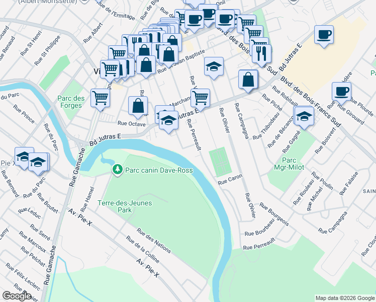 map of restaurants, bars, coffee shops, grocery stores, and more near 20 Rue Létourneau in Victoriaville