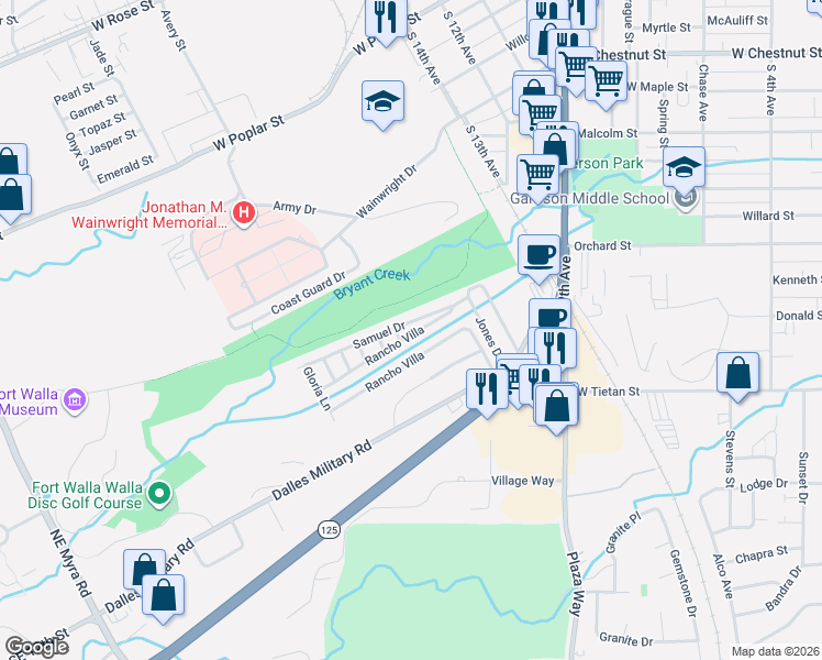 map of restaurants, bars, coffee shops, grocery stores, and more near 170 Rancho Villa in Walla Walla