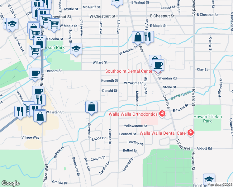 map of restaurants, bars, coffee shops, grocery stores, and more near 114 Donald Street in Walla Walla