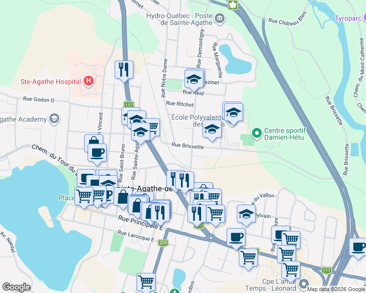 map of restaurants, bars, coffee shops, grocery stores, and more near 84 Rue Demontigny in Sainte-Agathe-des-Monts