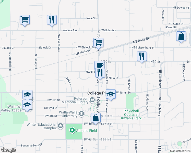 map of restaurants, bars, coffee shops, grocery stores, and more near 105 North College Avenue in College Place
