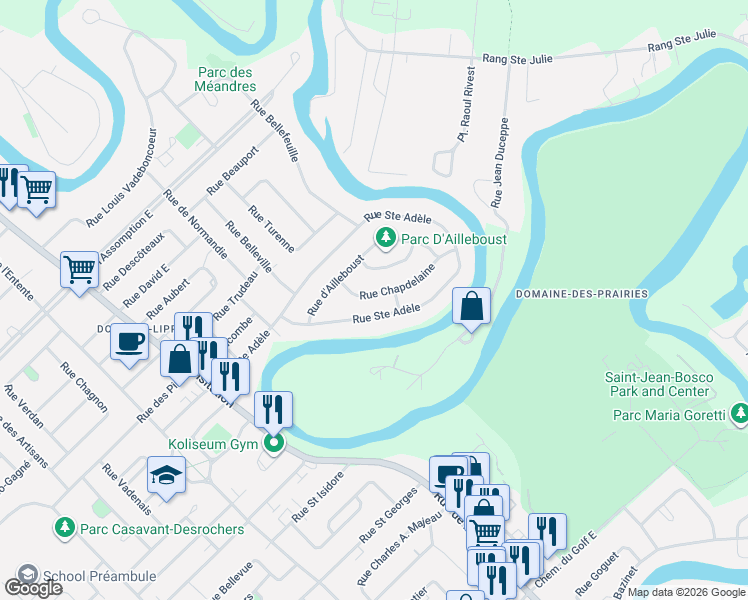 map of restaurants, bars, coffee shops, grocery stores, and more near 12 Rue Chapdelaine in Saint-Charles-Borromée