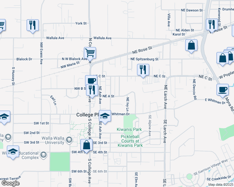 map of restaurants, bars, coffee shops, grocery stores, and more near 108 Northeast Cedar Avenue in College Place