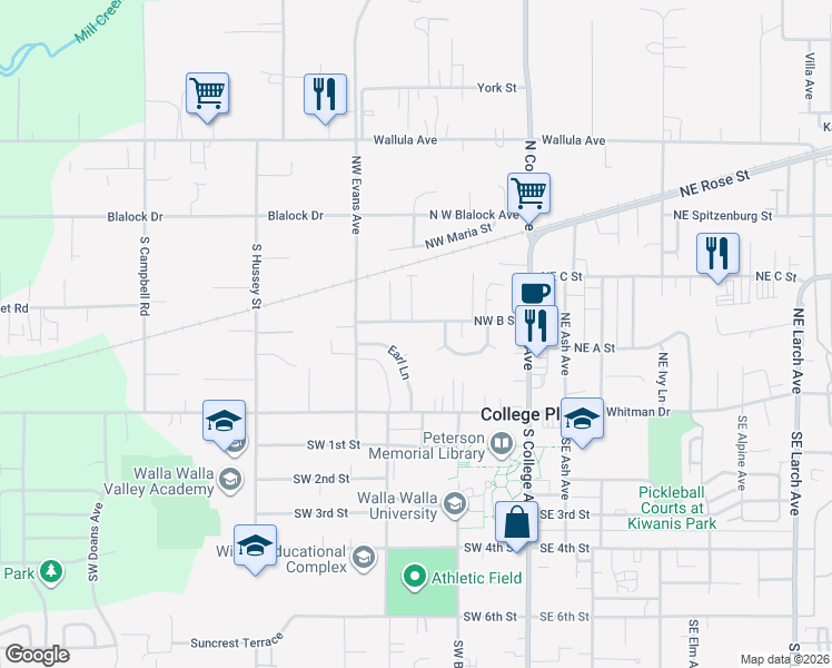 map of restaurants, bars, coffee shops, grocery stores, and more near 315 Northwest B Street in College Place