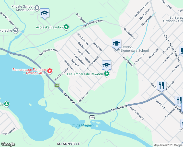 map of restaurants, bars, coffee shops, grocery stores, and more near 4136 Rue Maisonneuve in Rawdon