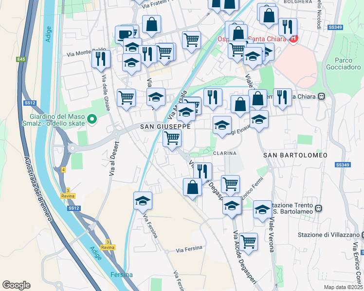 map of restaurants, bars, coffee shops, grocery stores, and more near 14 Via Alcide Degasperi in Trento