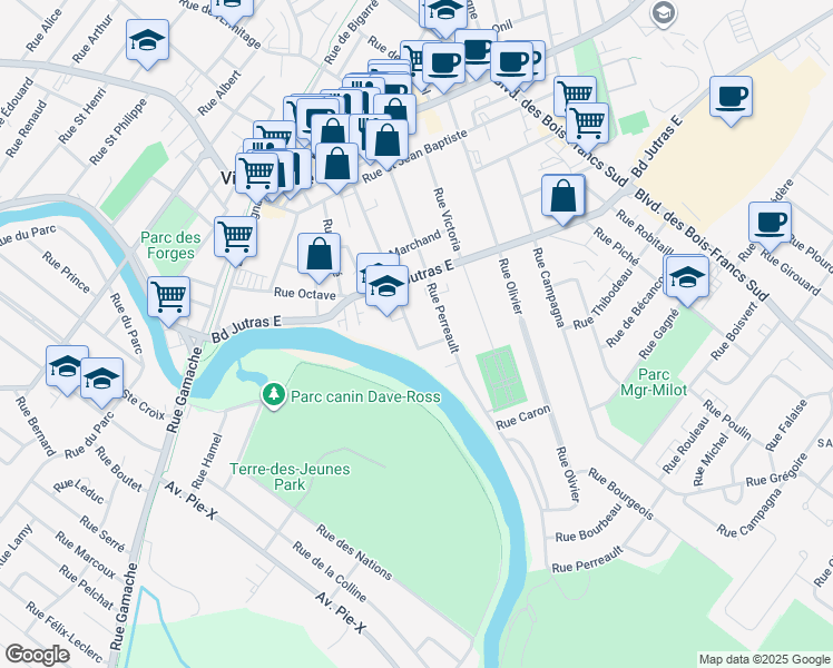 map of restaurants, bars, coffee shops, grocery stores, and more near 278 Rue Saint Zéphirin in Victoriaville