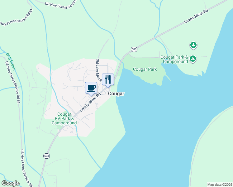 map of restaurants, bars, coffee shops, grocery stores, and more near in Cougar