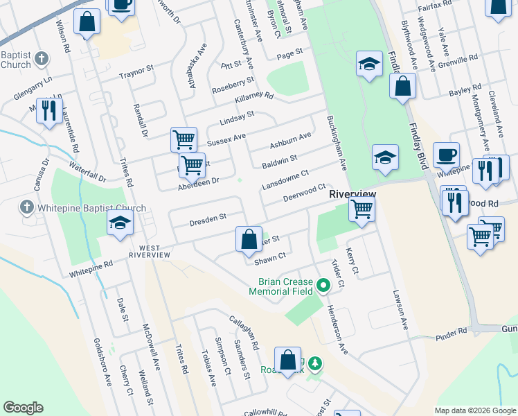 map of restaurants, bars, coffee shops, grocery stores, and more near 8 Lansdowne Court in Riverview