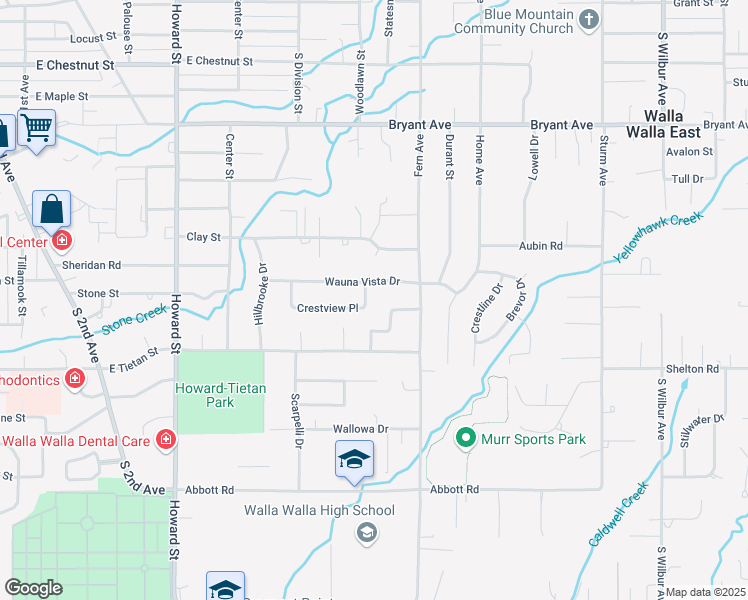 map of restaurants, bars, coffee shops, grocery stores, and more near 782 Crestview Place in Walla Walla