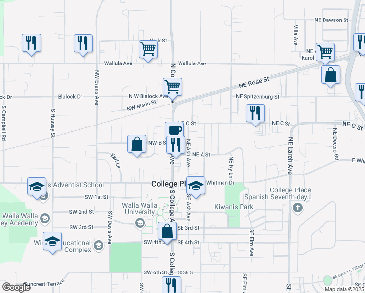 map of restaurants, bars, coffee shops, grocery stores, and more near 116 Northeast Pinewood Lane in College Place