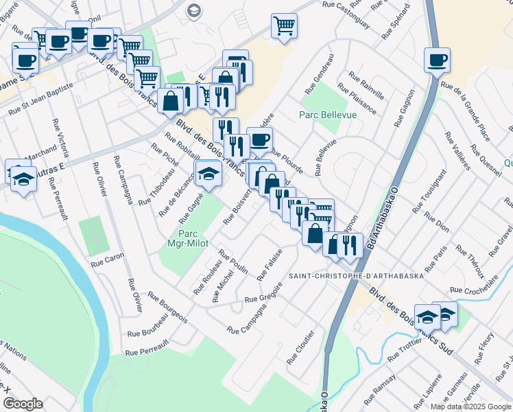 map of restaurants, bars, coffee shops, grocery stores, and more near 6 Rue Champagne in Victoriaville