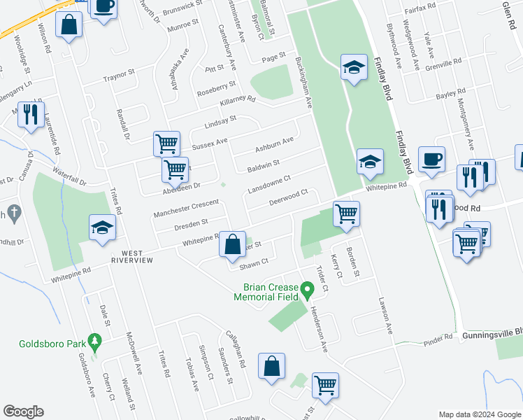 map of restaurants, bars, coffee shops, grocery stores, and more near 33 Deerwood Court in Riverview