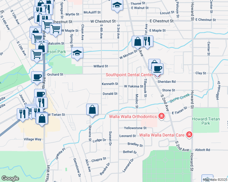 map of restaurants, bars, coffee shops, grocery stores, and more near 114 Donald Street in Walla Walla