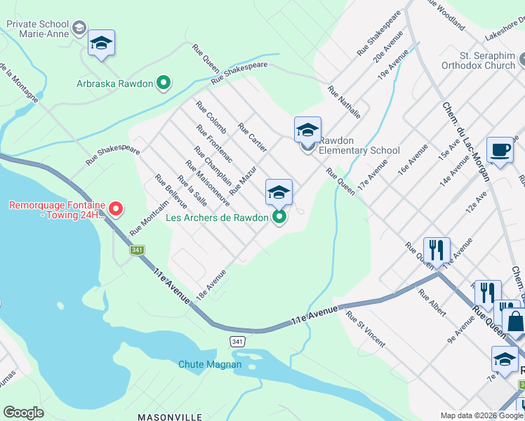 map of restaurants, bars, coffee shops, grocery stores, and more near 4114 Rue Champlain in Rawdon