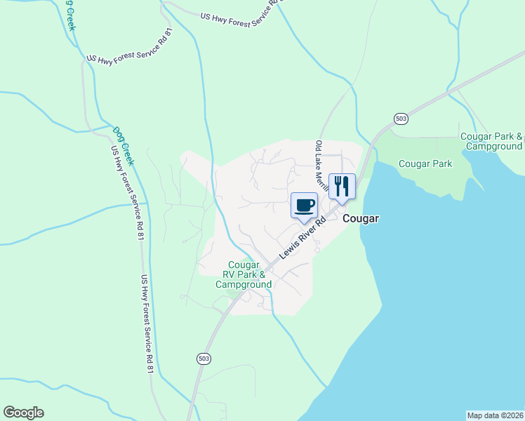 map of restaurants, bars, coffee shops, grocery stores, and more near 195 Rockford Road in Cougar