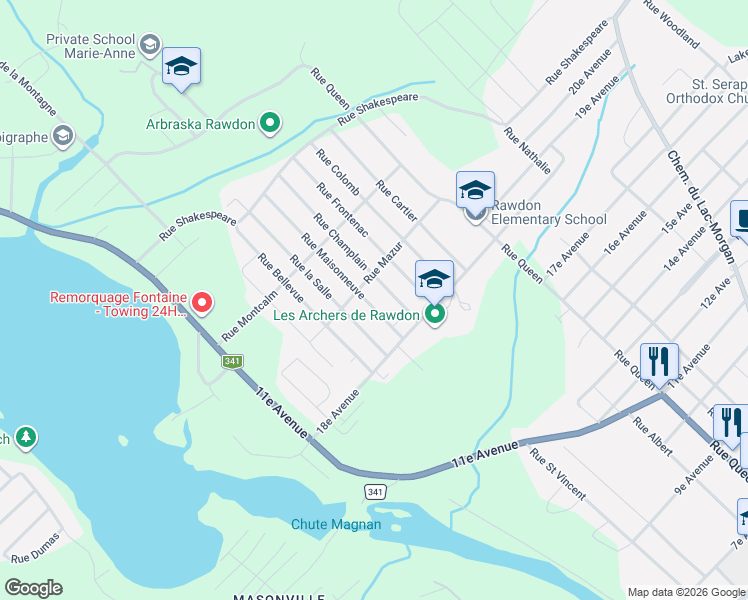 map of restaurants, bars, coffee shops, grocery stores, and more near 4136 Rue Maisonneuve in Rawdon