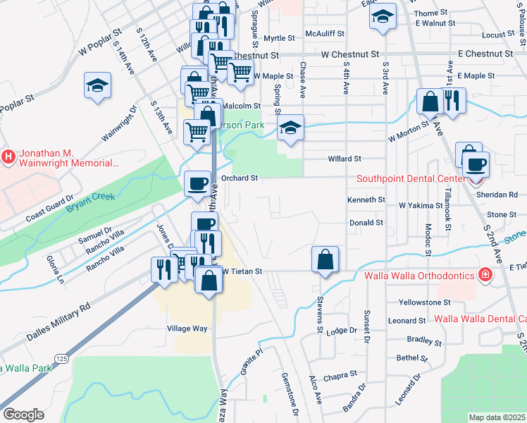 map of restaurants, bars, coffee shops, grocery stores, and more near 363 Orchard Street in Walla Walla