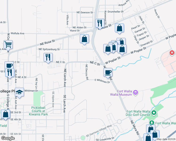 map of restaurants, bars, coffee shops, grocery stores, and more near 284 Northeast Deccio Road in College Place