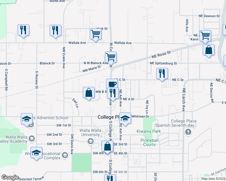 map of restaurants, bars, coffee shops, grocery stores, and more near 116 Northeast Pinewood Lane in College Place