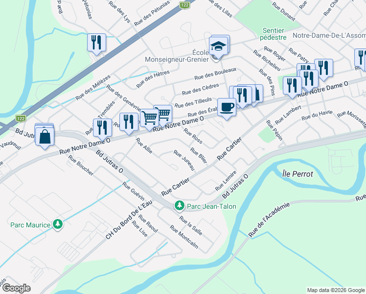 map of restaurants, bars, coffee shops, grocery stores, and more near 118 Rue Blier in Victoriaville
