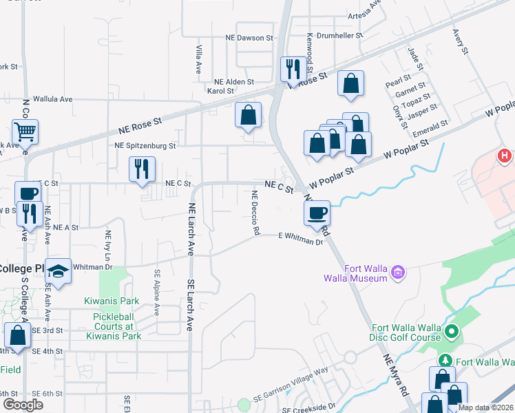 map of restaurants, bars, coffee shops, grocery stores, and more near 286 Northeast Deccio Road in College Place