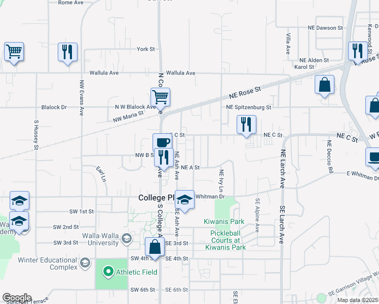 map of restaurants, bars, coffee shops, grocery stores, and more near 221 Northeast Birch Avenue in College Place