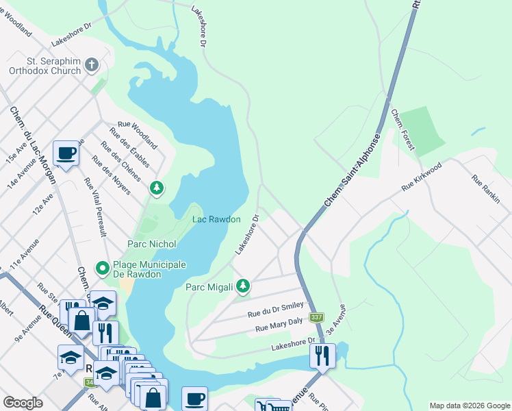 map of restaurants, bars, coffee shops, grocery stores, and more near 3963 Lakeshore Drive in Rawdon
