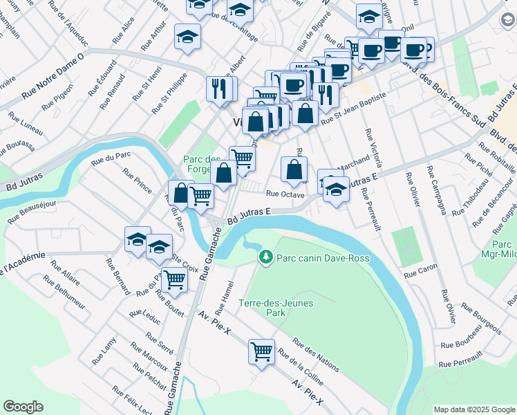 map of restaurants, bars, coffee shops, grocery stores, and more near 14 Boulevard Jutras Est in Victoriaville