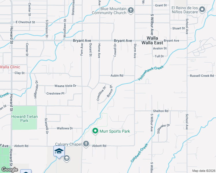 map of restaurants, bars, coffee shops, grocery stores, and more near 1826 Brevor Drive in Walla Walla