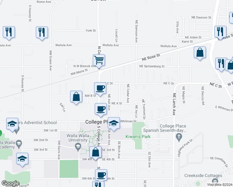 map of restaurants, bars, coffee shops, grocery stores, and more near 115 Northeast Birch Avenue in College Place