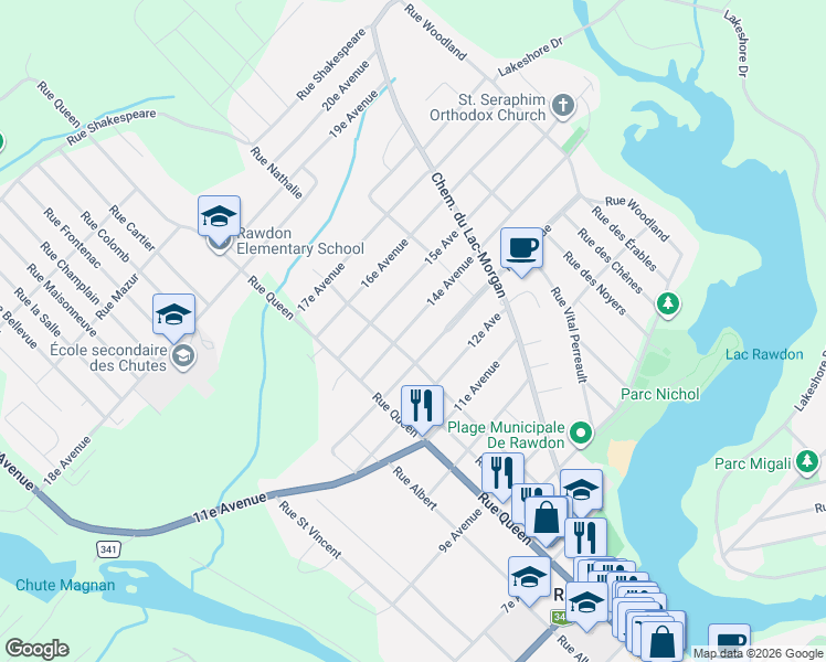map of restaurants, bars, coffee shops, grocery stores, and more near 3288 14e Av in Rawdon