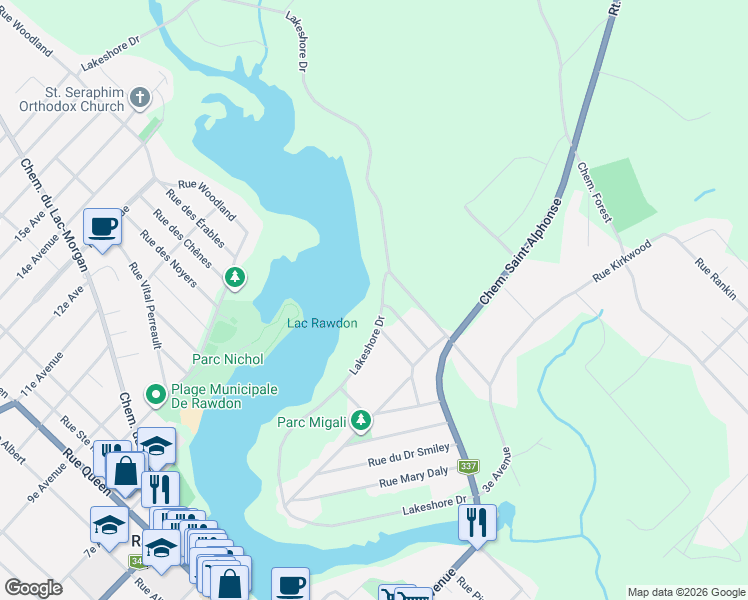 map of restaurants, bars, coffee shops, grocery stores, and more near 3963 Lakeshore Drive in Rawdon