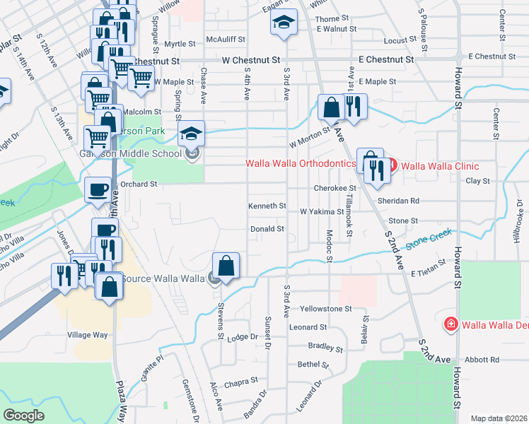 map of restaurants, bars, coffee shops, grocery stores, and more near 114 Donald Street in Walla Walla