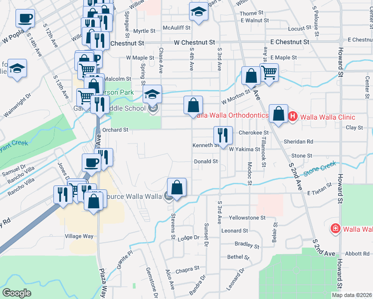 map of restaurants, bars, coffee shops, grocery stores, and more near 152 Donald Street in Walla Walla