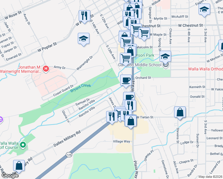 map of restaurants, bars, coffee shops, grocery stores, and more near 1229 Arkansas Drive in Walla Walla