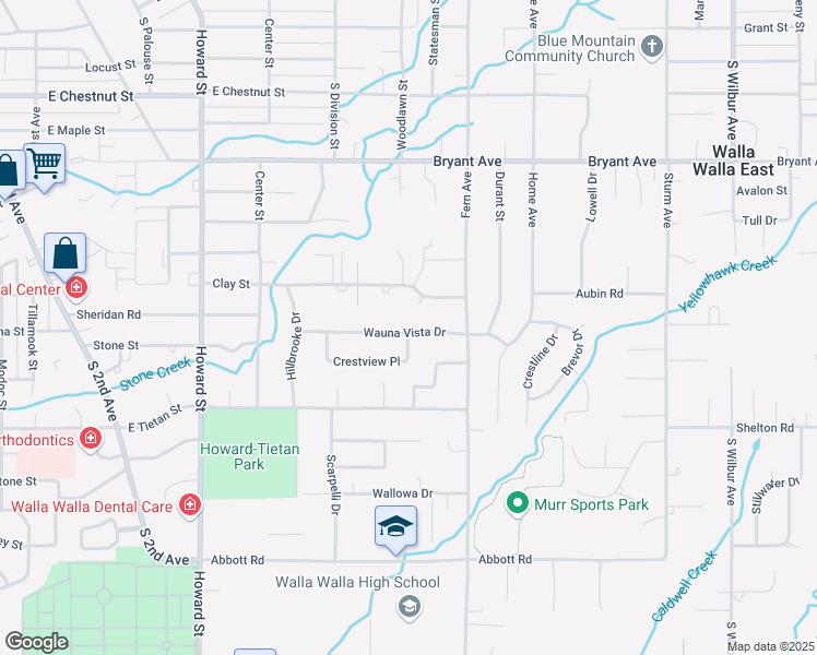 map of restaurants, bars, coffee shops, grocery stores, and more near 782 Crestview Place in Walla Walla